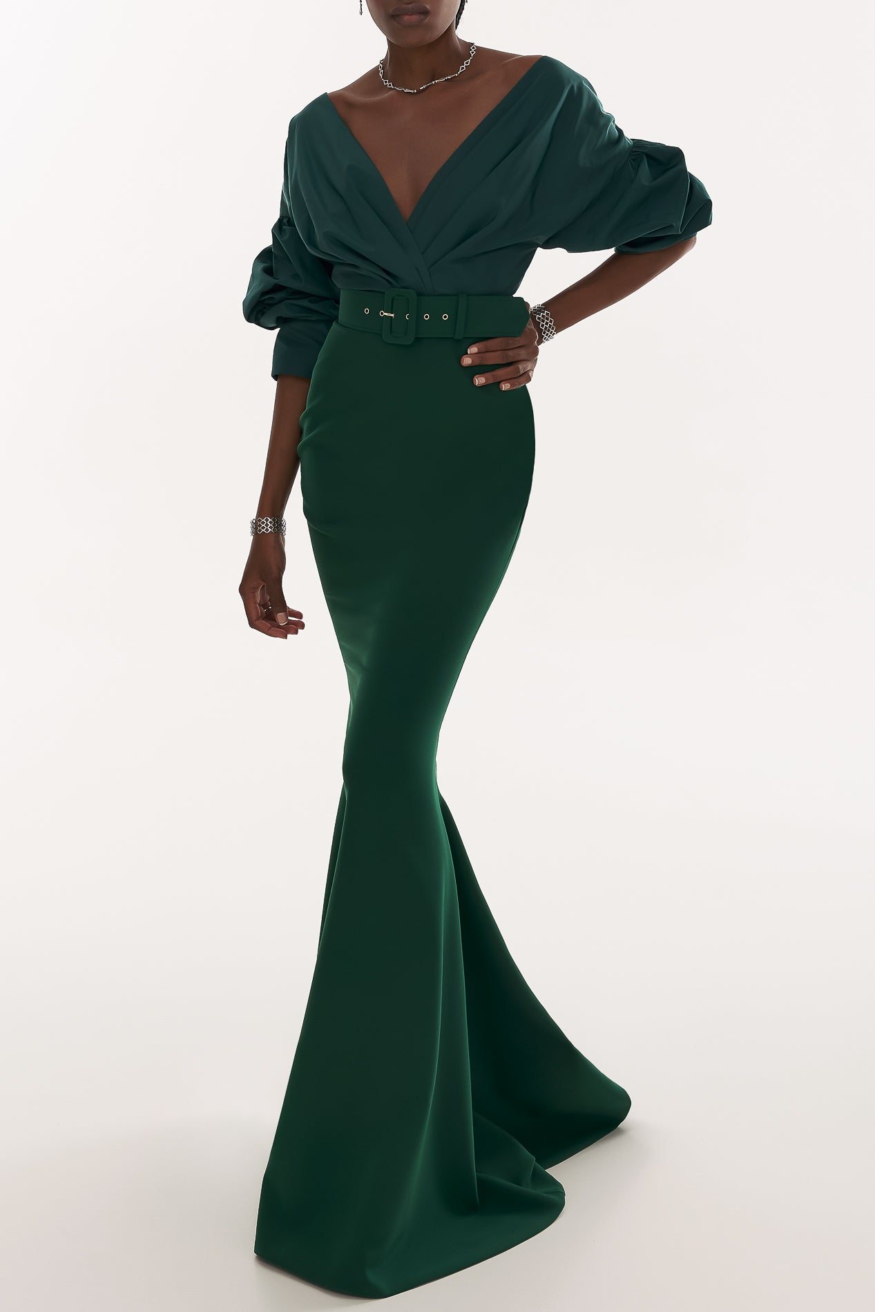 Gianna Taffeta Crepe Long Dress In Dark-Green – Rhea Costa