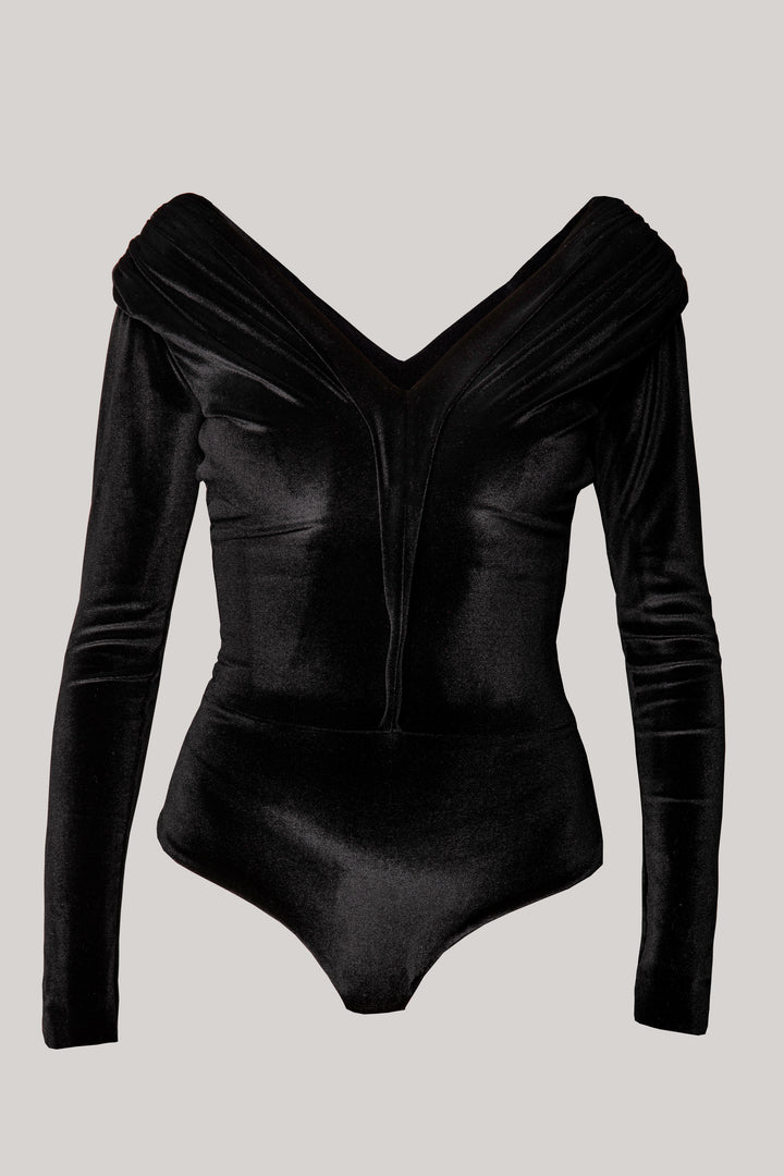 Unique Stretchy V-Neck Velvet Bodysuit In Black
