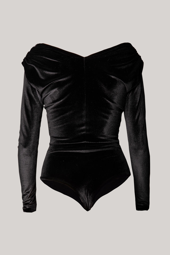 Unique Stretchy V-Neck Velvet Bodysuit In Black