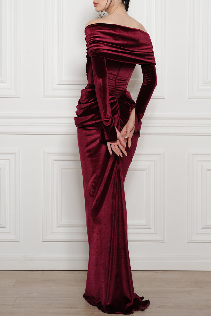 Quinn Long Velvet Gown In Ruby-Red