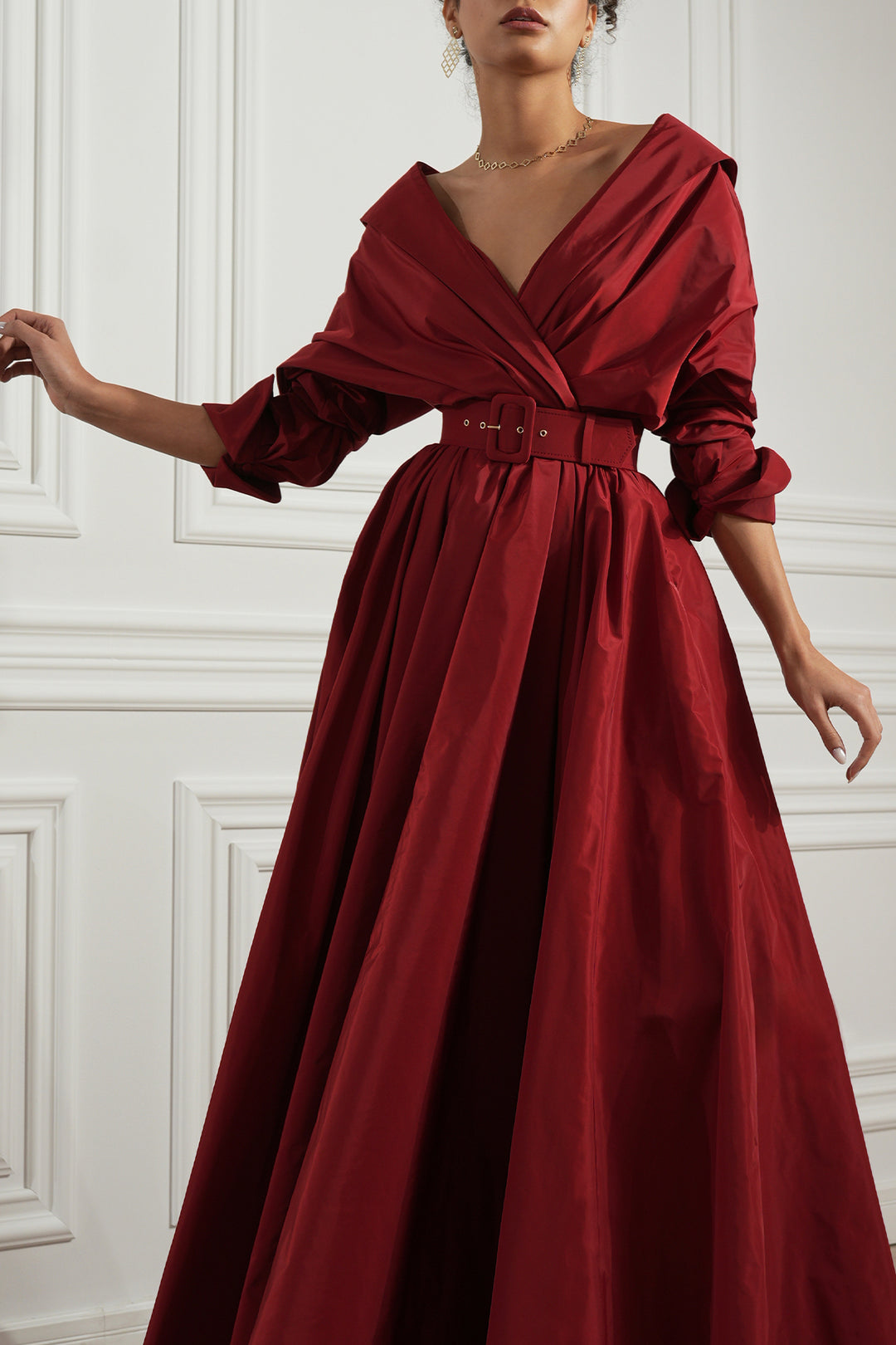 Carrie Taffeta Long Dress In Carmine – Rhea Costa