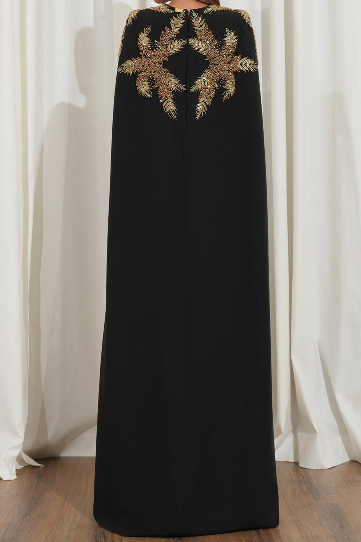 Dalia Crystal-Embroidered Cape Crepe Dress  Black-Gold