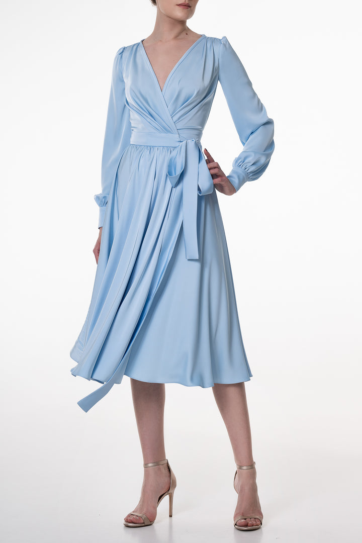 Louise Satin Crepe Midi Dress In Soft-Blue
