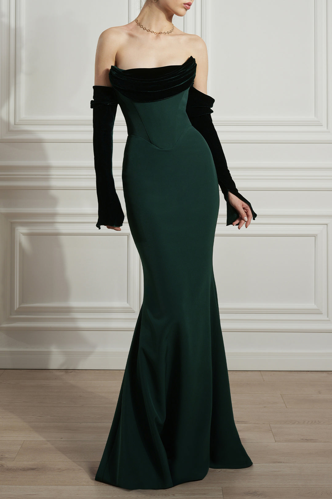 Raven Crepe and Velvet Dress in Dark-Green – Rhea Costa