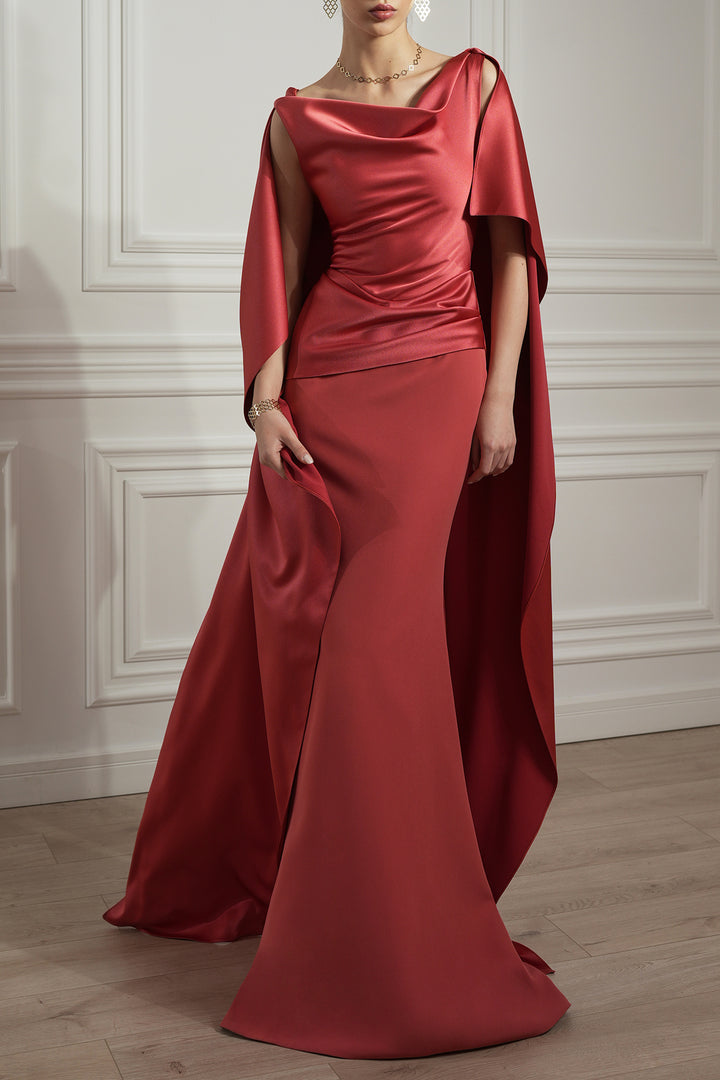 Sienna Cape-Effect Long Dress In Sienna-Red