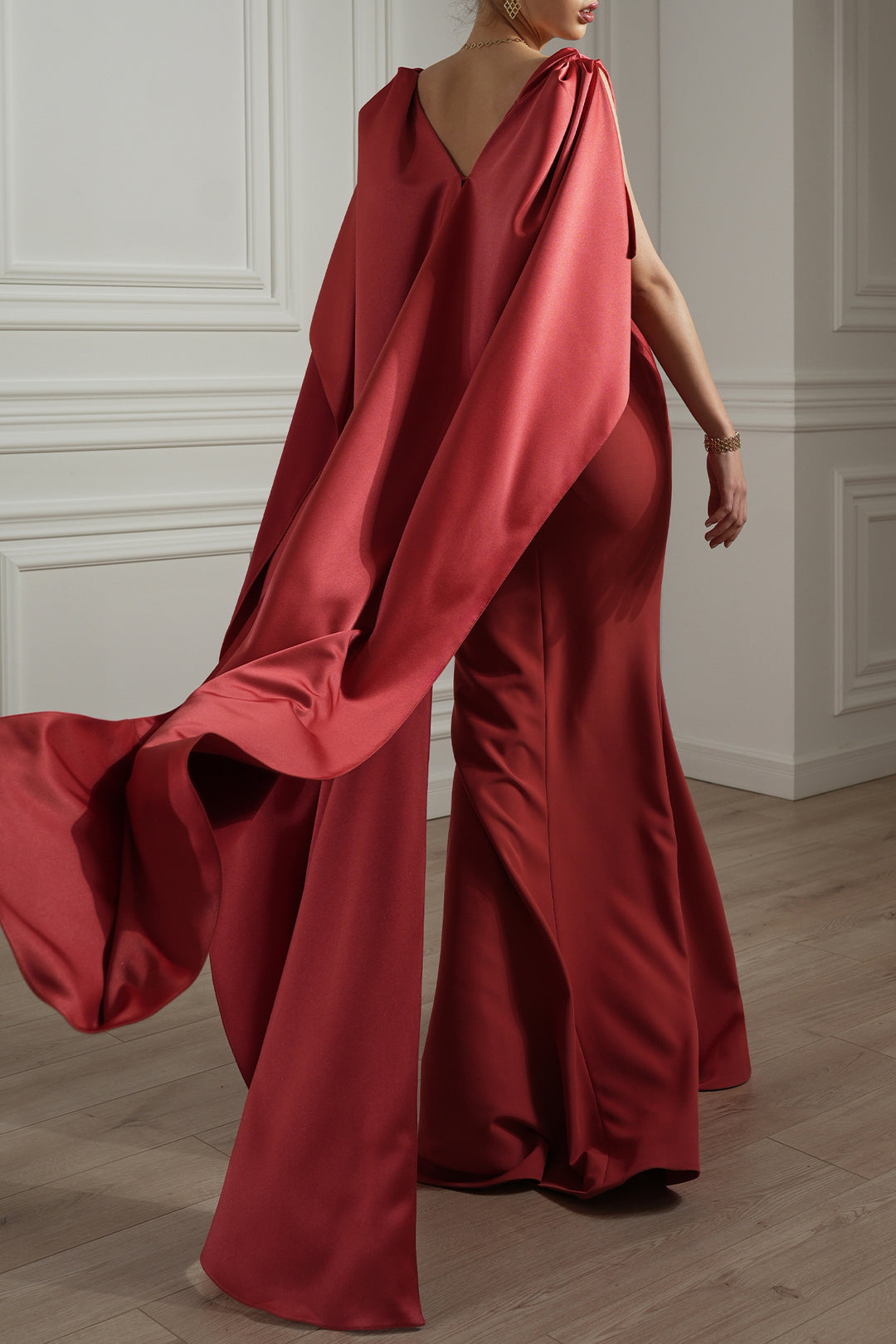 Sienna Cape-Effect Long Dress In Sienna-Red