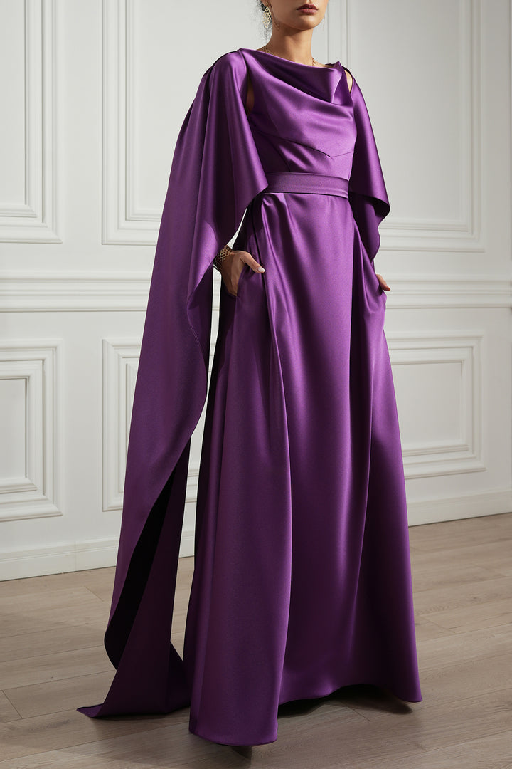 Wafa Cape-Effect Satin Long Dress In Plum