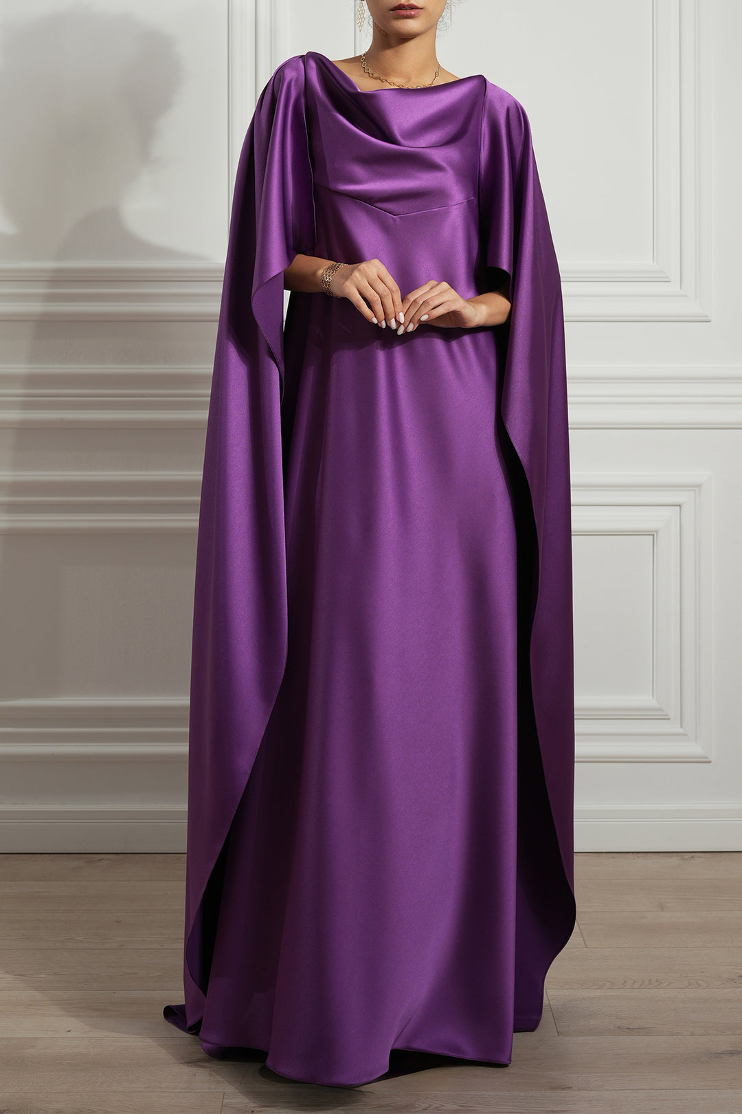 Wafa Cape-Effect Satin Long Dress In Plum