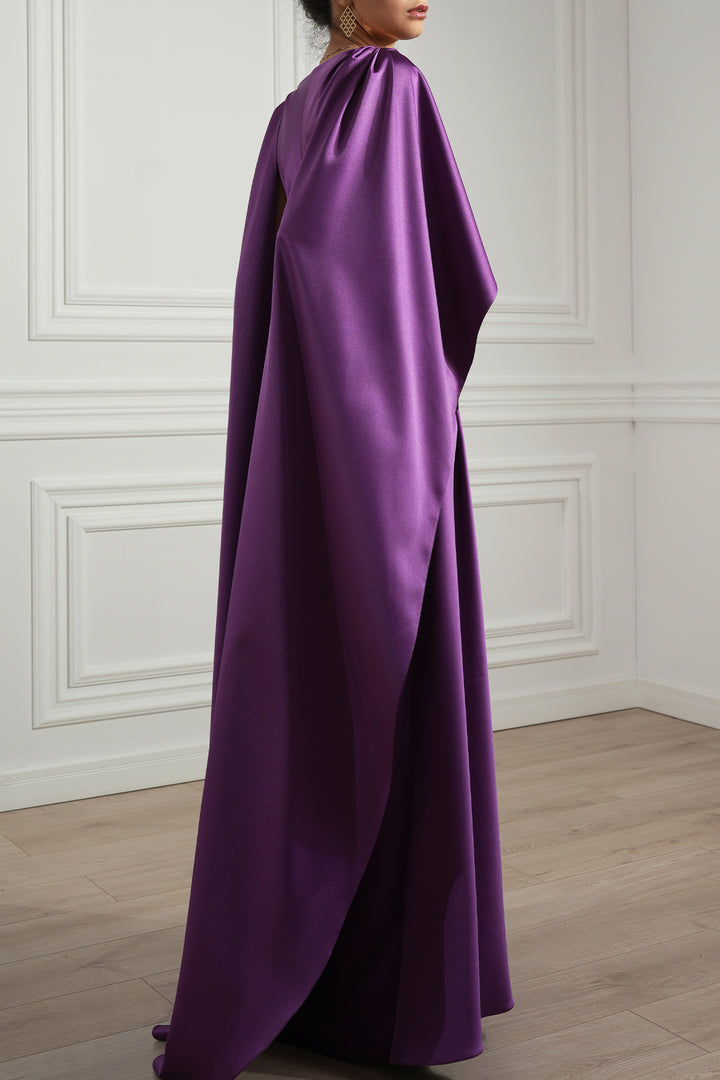Wafa Cape-Effect Satin Long Dress In Plum