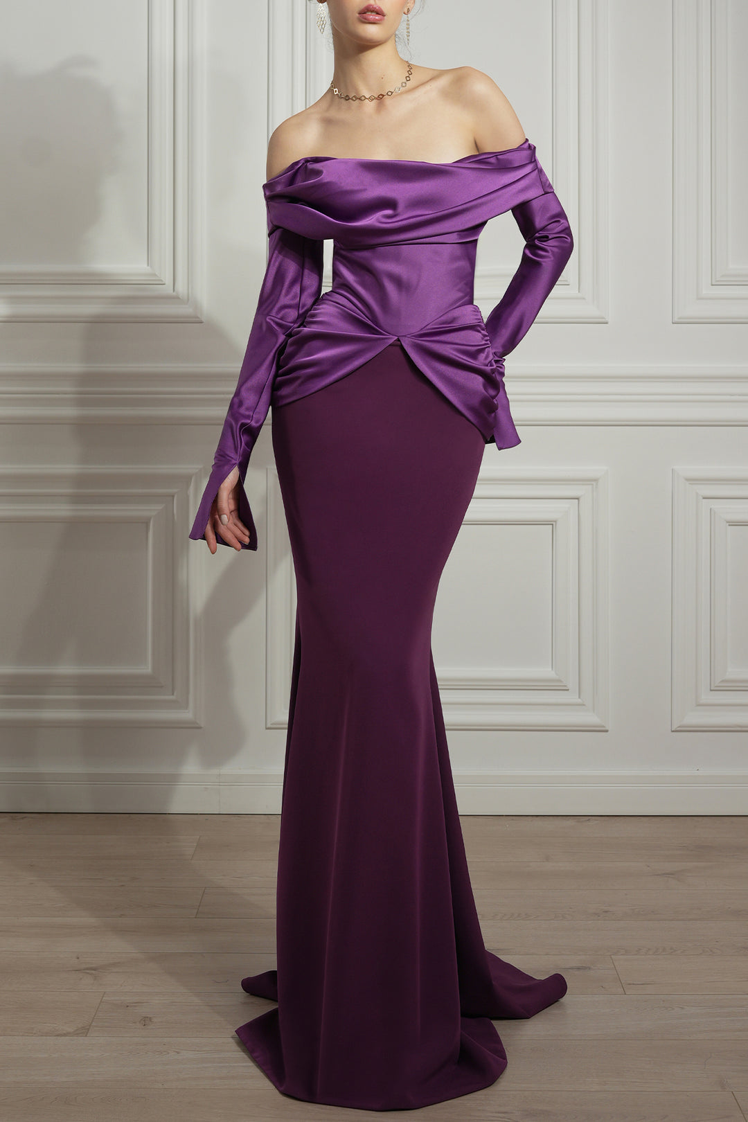 Siri Satin Crepe Long Dress In Plum