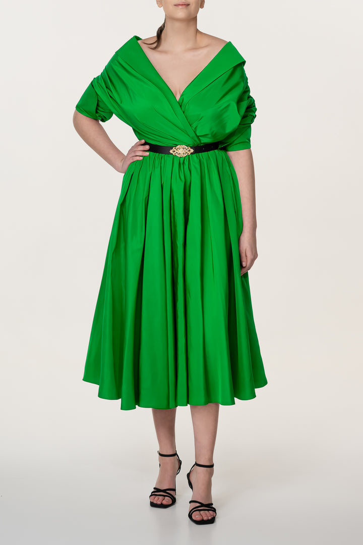 Carrie Taffeta Midi Dress in Spring-Green