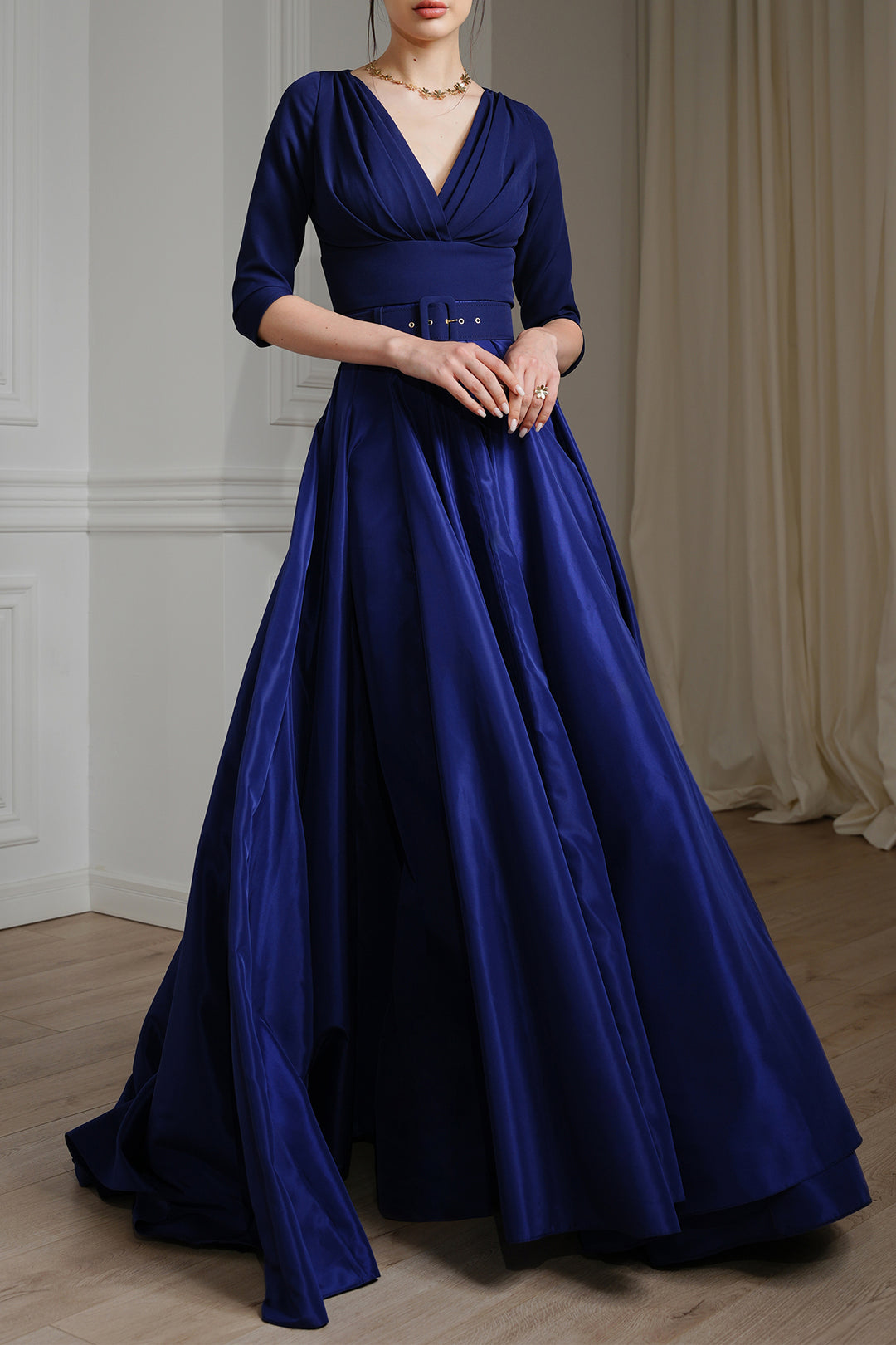 Jamie Taffeta Crepe Long Dress In Dark Blue – Rhea Costa