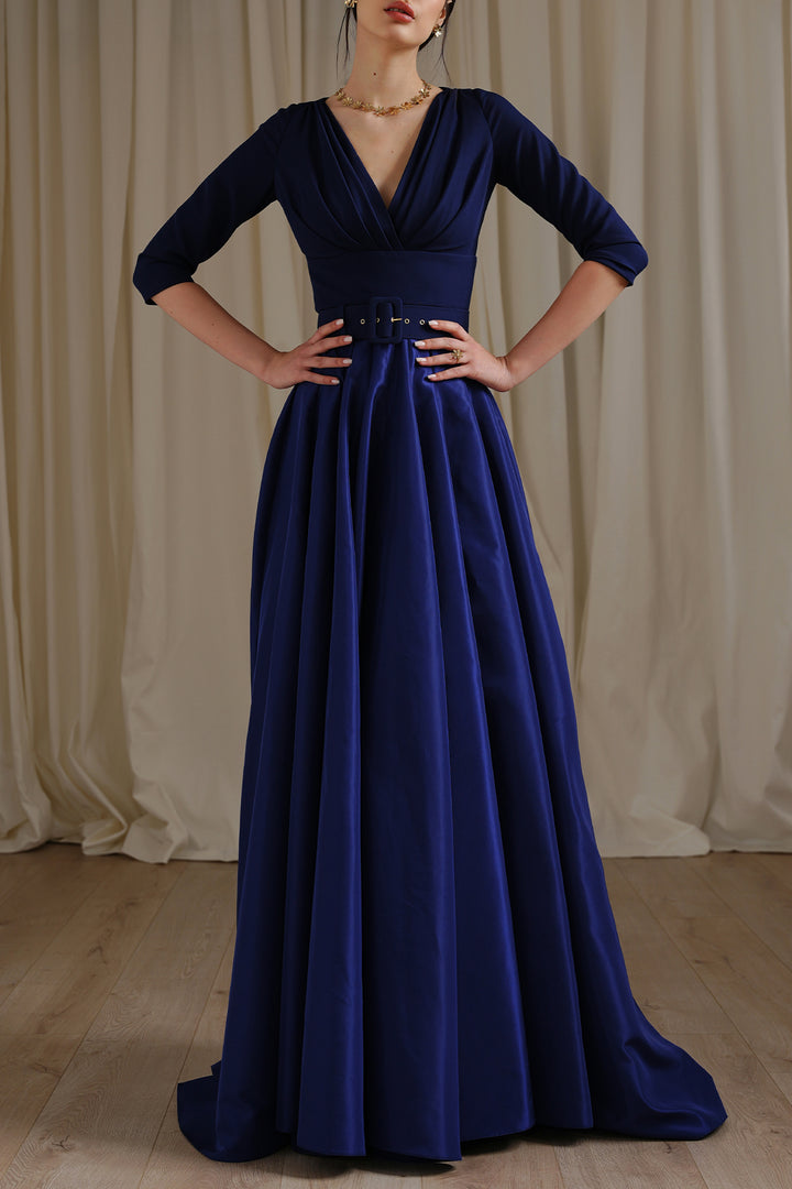 Jamie Taffeta Crepe Long Dress In Dark Blue