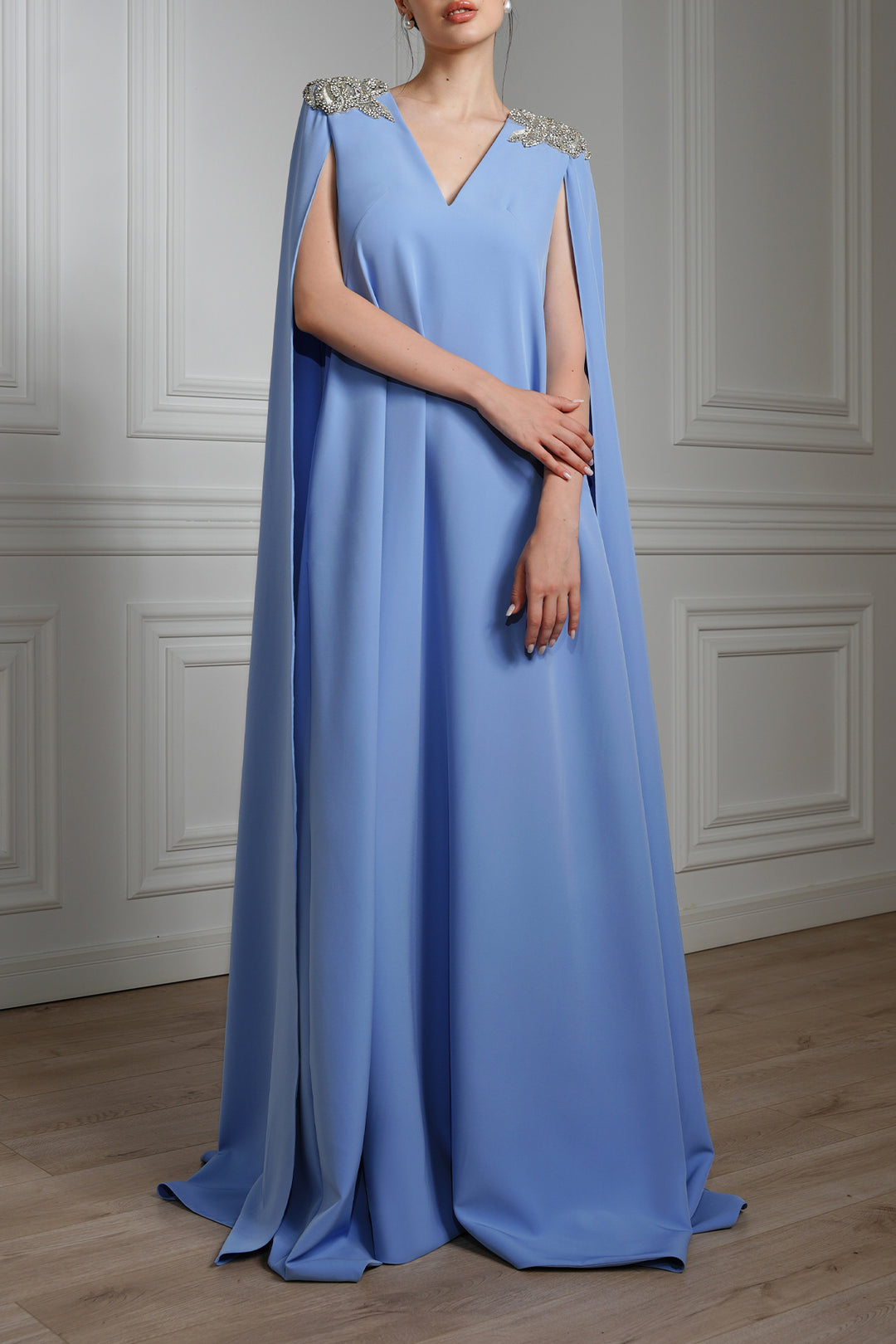 Revy Crystal-Embroidered Cape Crepe Dress In Blue Ciel – Rhea Costa