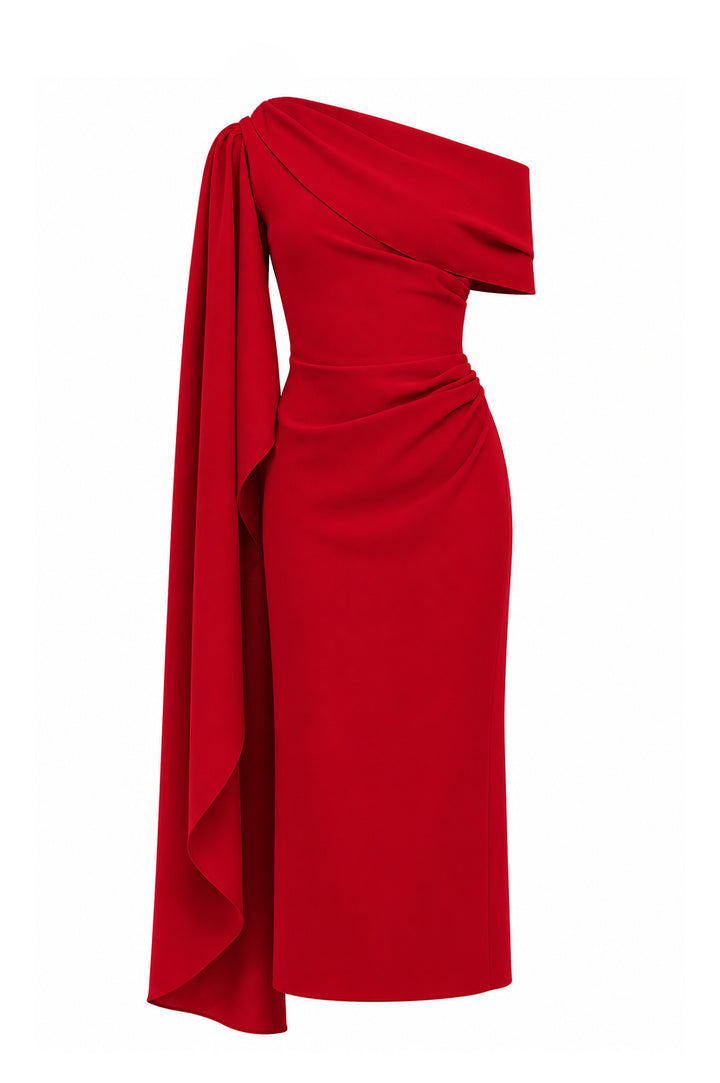 Karen One-Shoulder Midi Dress In True-Red