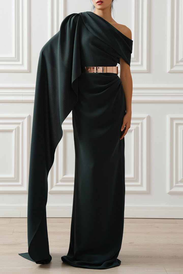 Karen One-Shoulder Long Dress In Pine Green