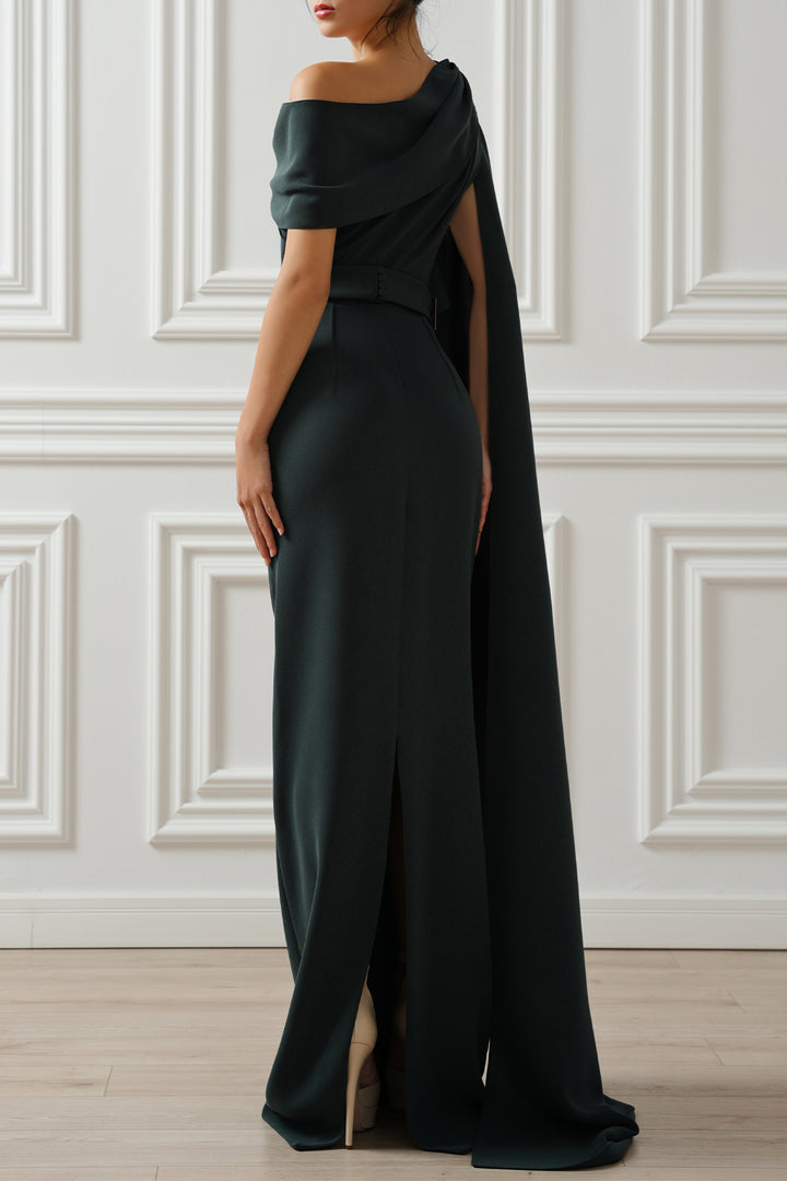 Karen One-Shoulder Long Dress In Pine Green