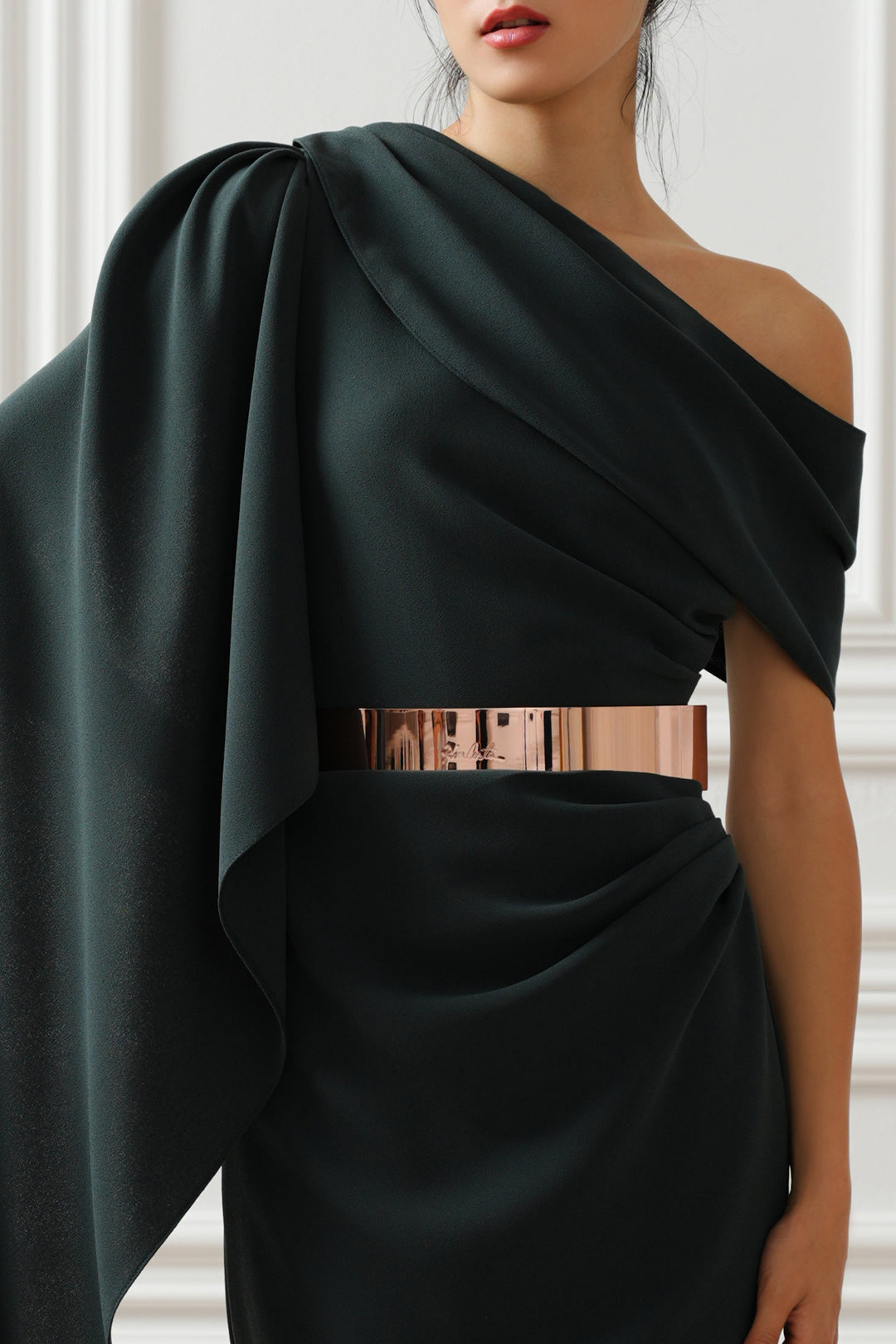 Karen One-Shoulder Long Dress In Pine Green