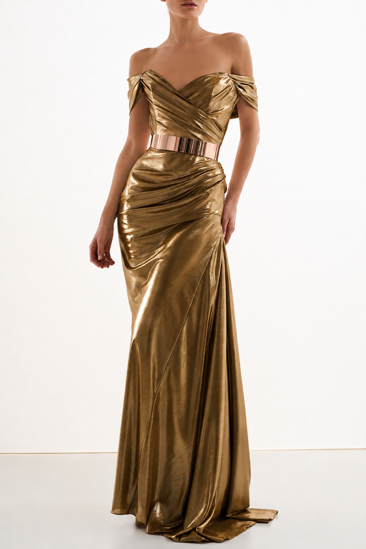 Gaia Glossy Long Dress In Bronze