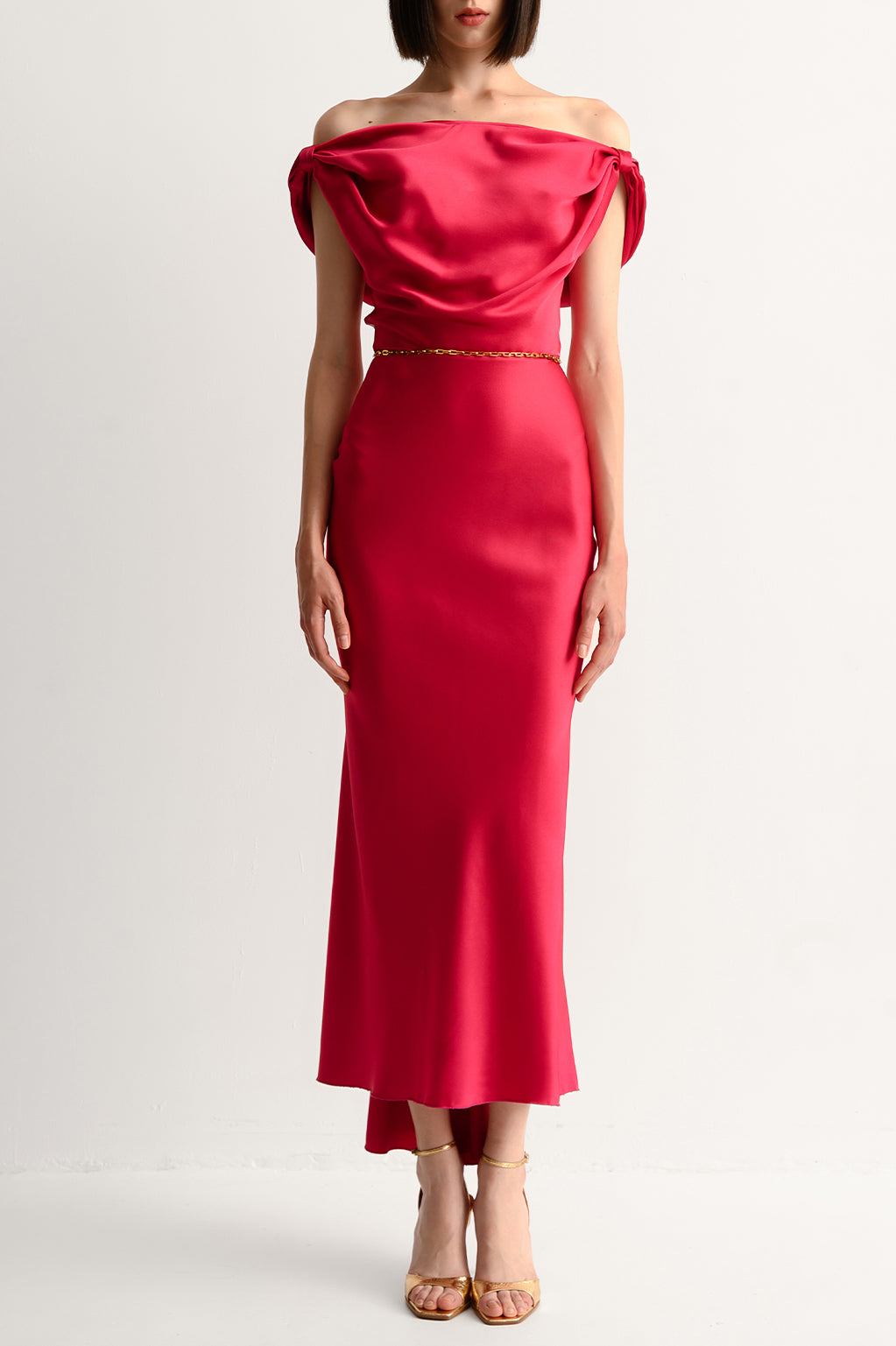 Sylvie Satin Midi Dress In Fuchsia