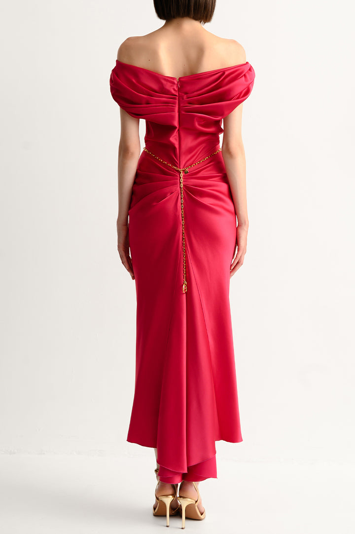 Sylvie Satin Midi Dress In Fuchsia