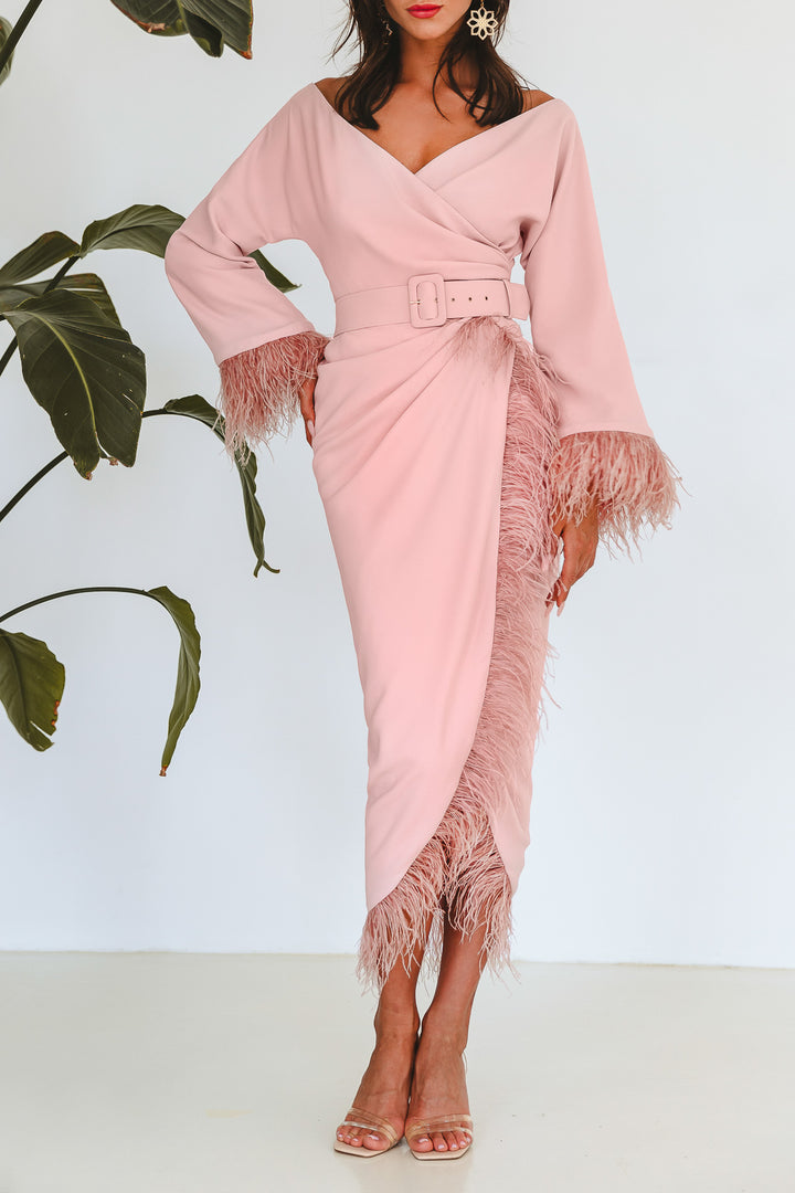 Mona Feathers-trimmed Crepe Ankle Length Dress In Blush