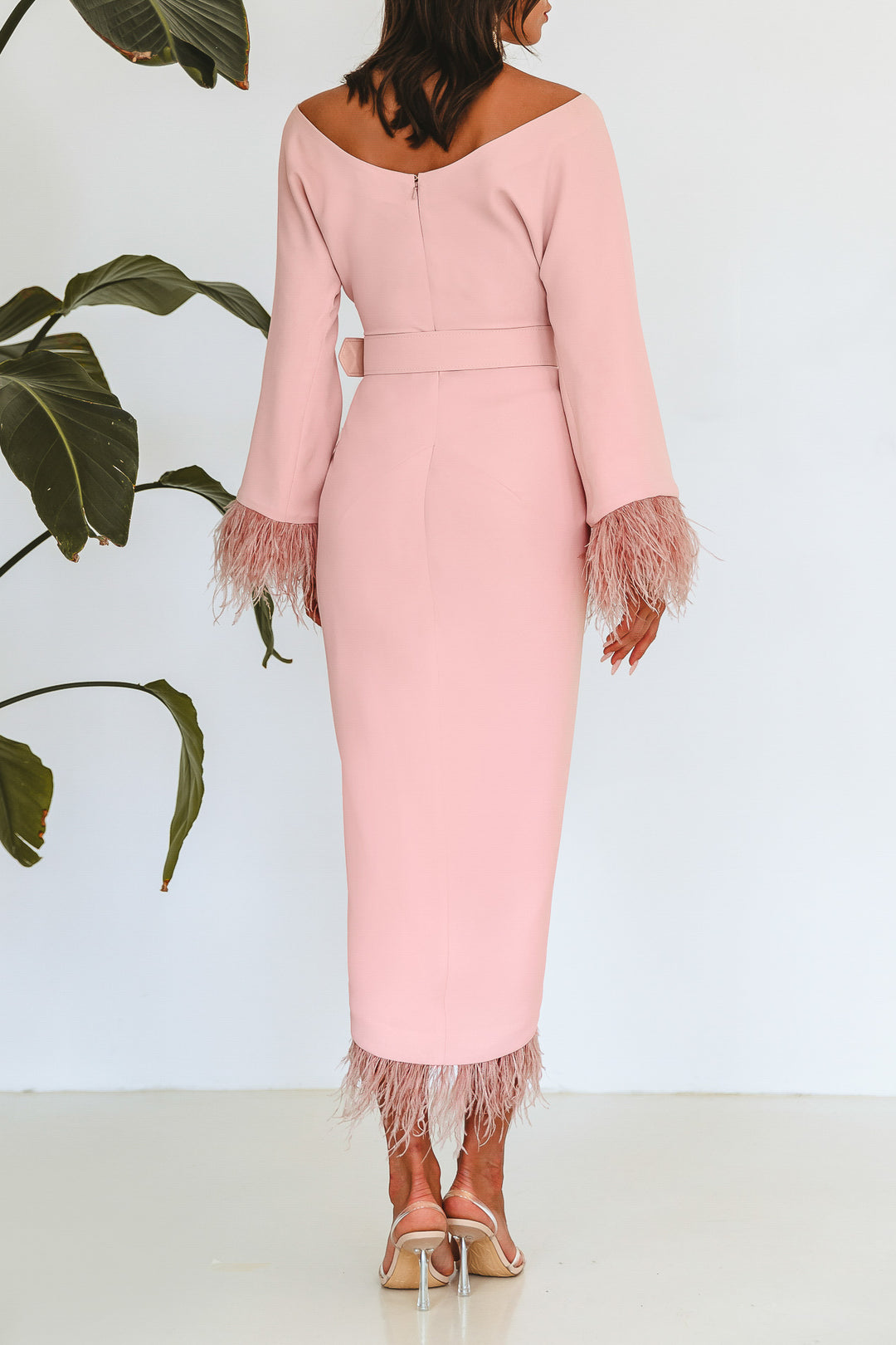 Mona Feathers-trimmed Crepe Ankle Length Dress In Blush