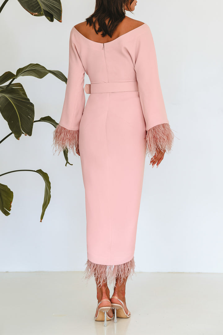 Mona Feathers-trimmed Crepe Ankle Length Dress In Blush