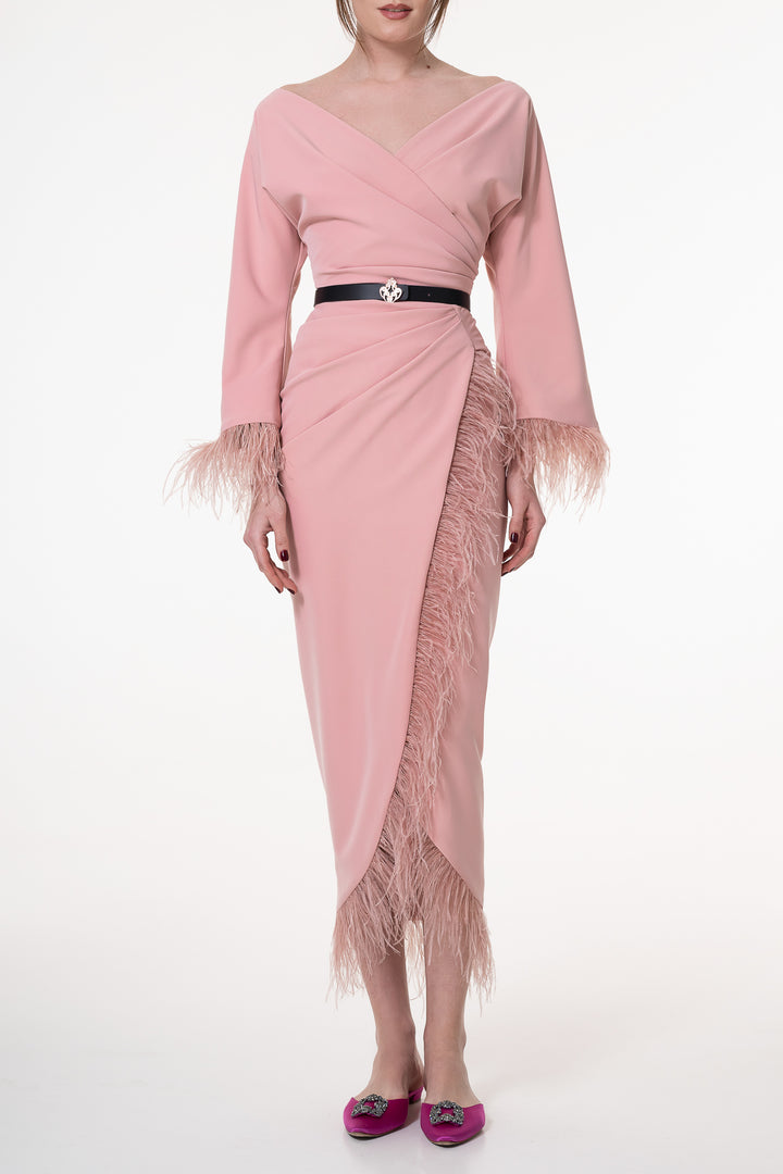 Mona Feathers-trimmed Crepe Ankle Length Dress In Blush