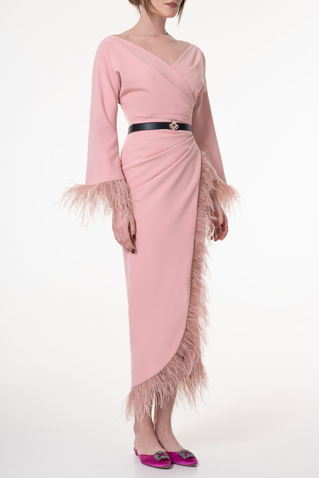 Mona Feathers-trimmed Crepe Ankle Length Dress In Blush
