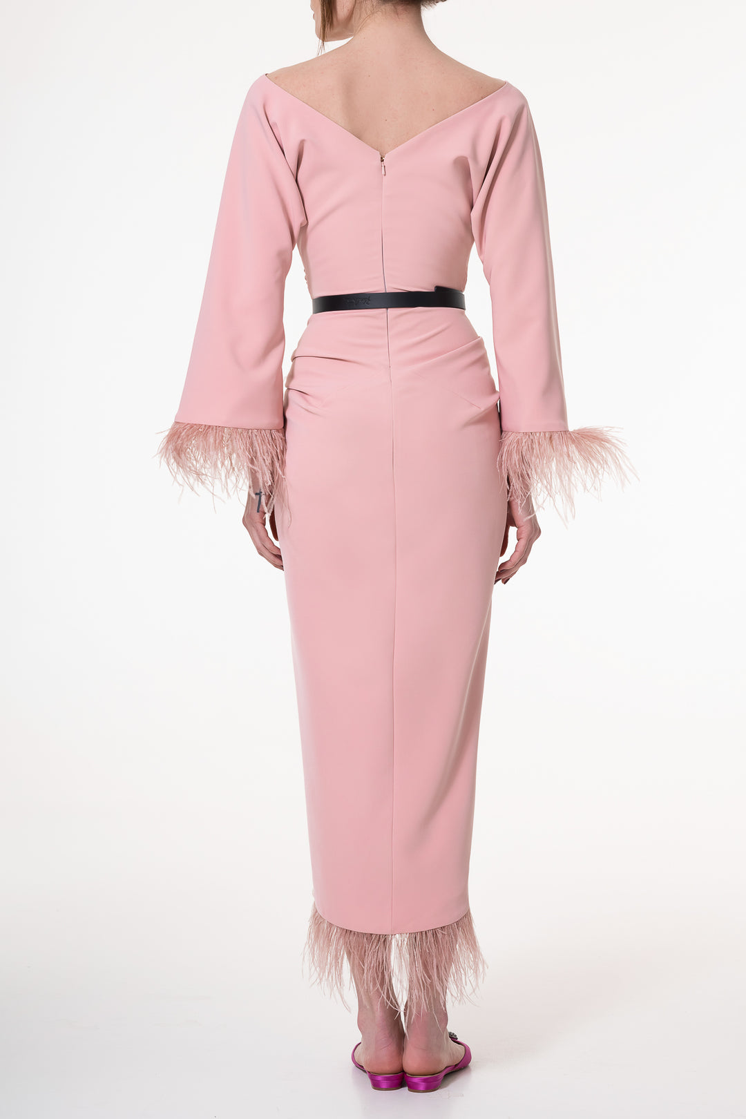 Mona Feathers-trimmed Crepe Ankle Length Dress In Blush