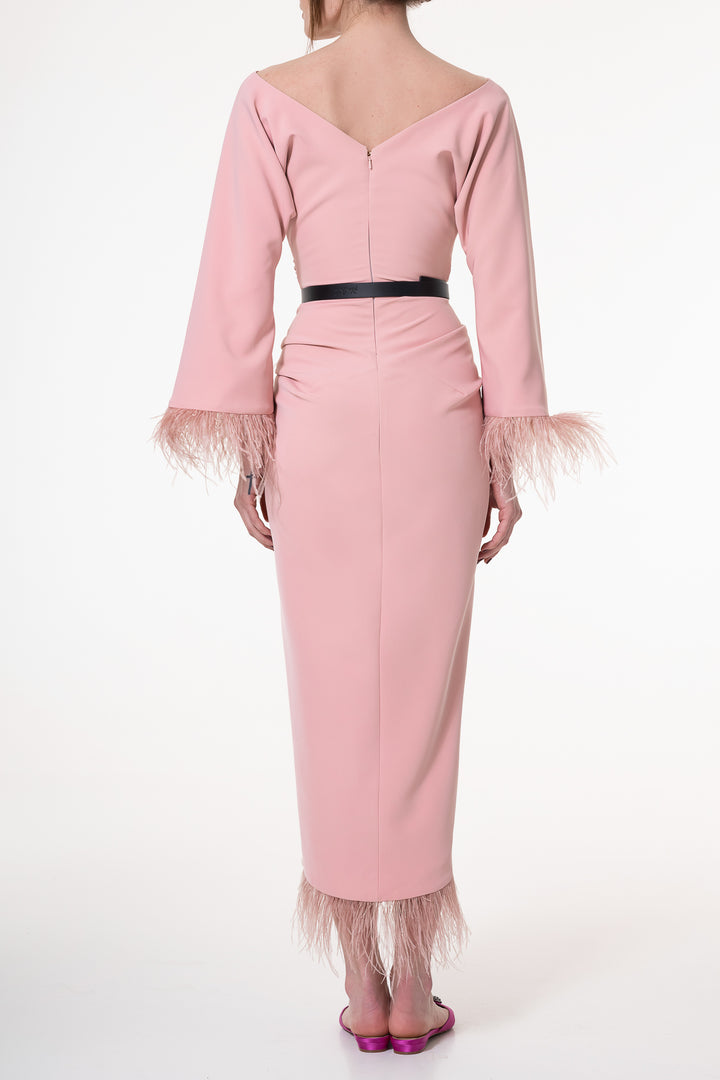 Mona Feathers-trimmed Crepe Ankle Length Dress In Blush
