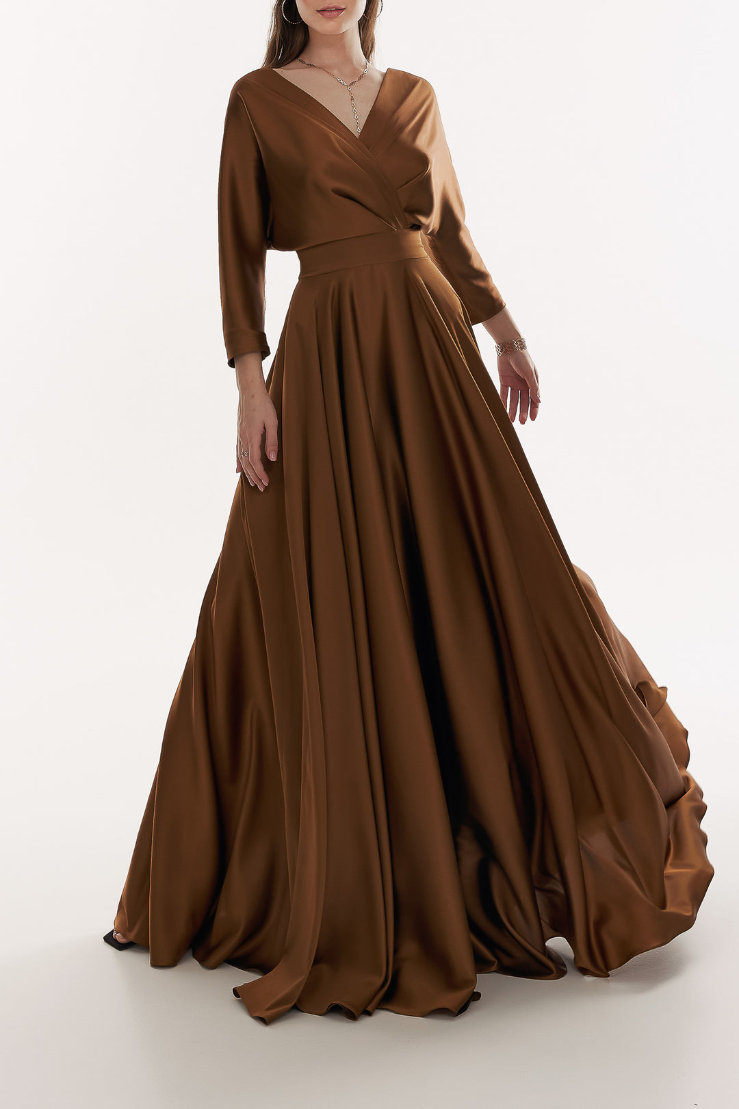 Reese Silk Long Dress In Dark Gold – Rhea Costa