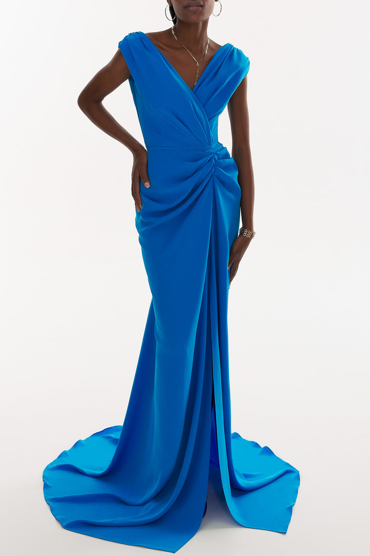 Saara Crepe Long Dress In Azure