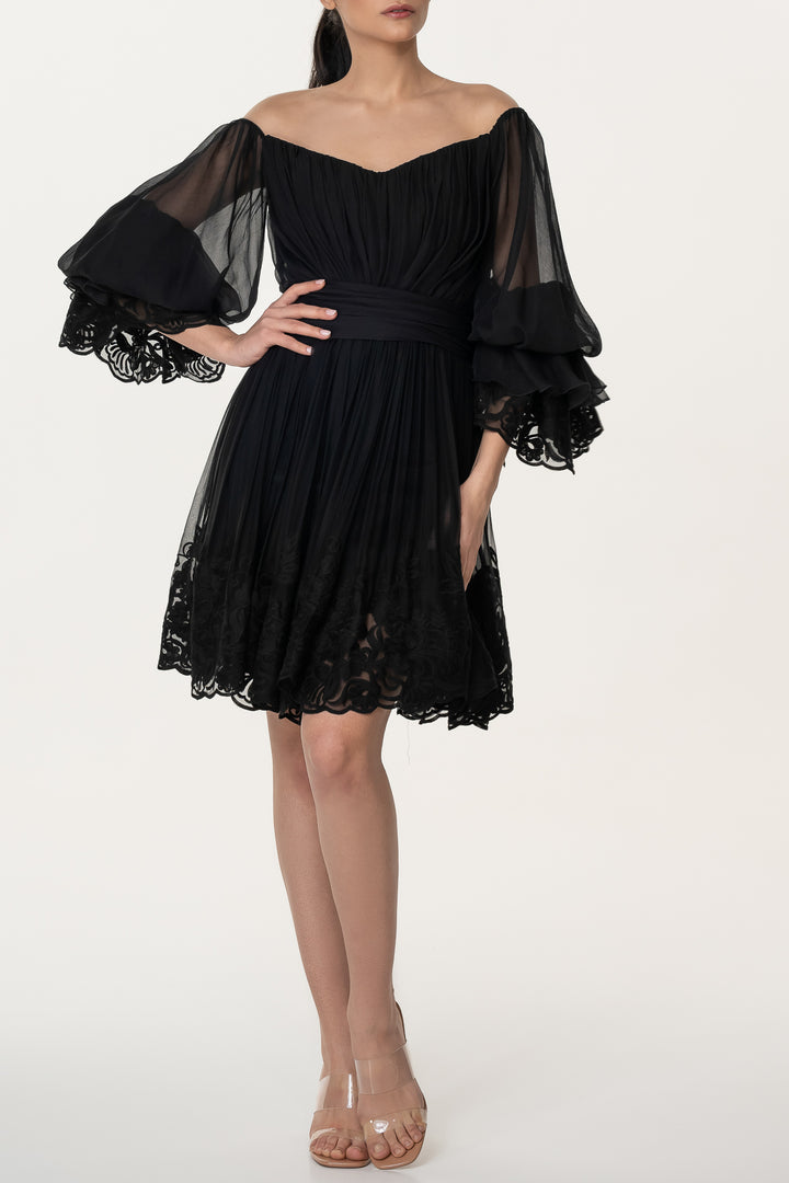 Orla Boho Silk Short Dress In Black
