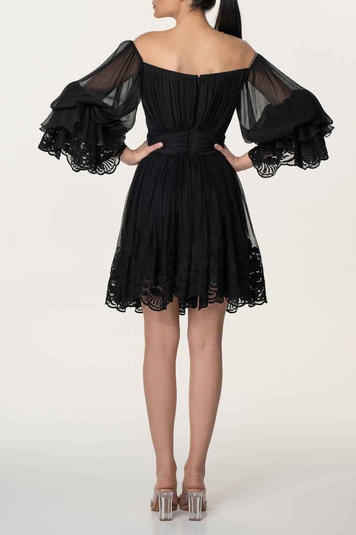 Orla Boho Silk Short Dress In Black