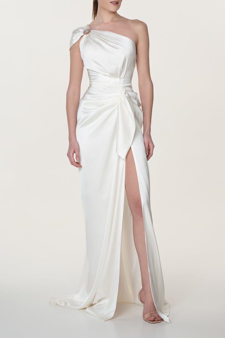 Elena Silk Satin Long Dress In Ivory