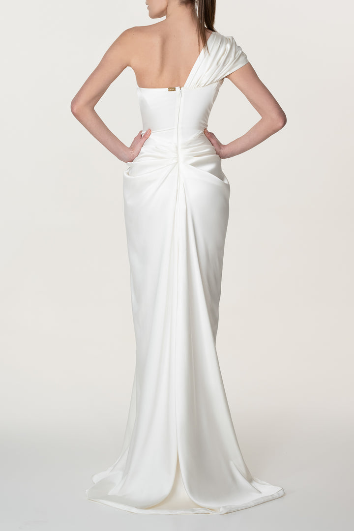 Elena Silk Satin Long Dress In Ivory