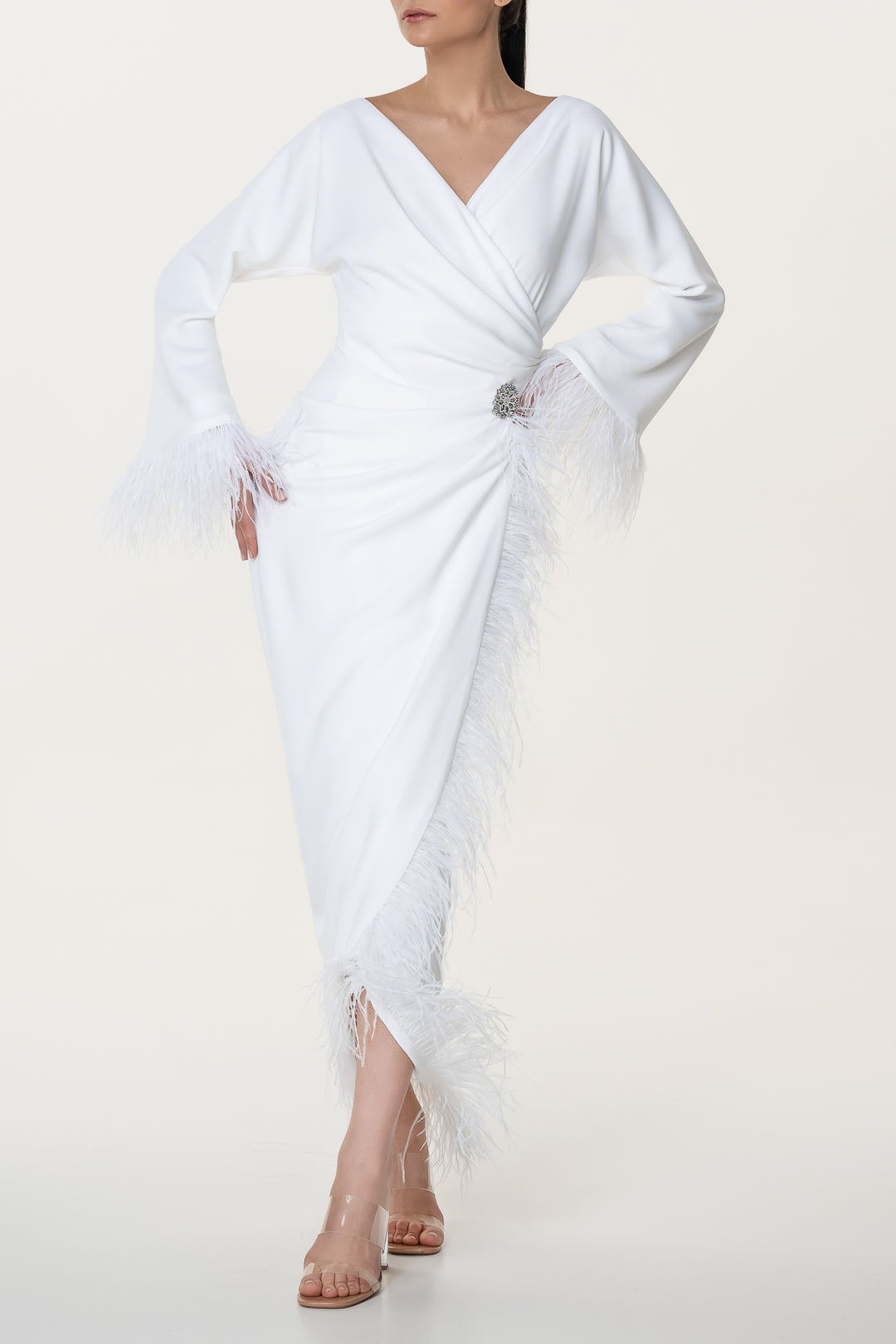 Mona Feathers-trimmed Crepe Ankle Length Dress In Ivory