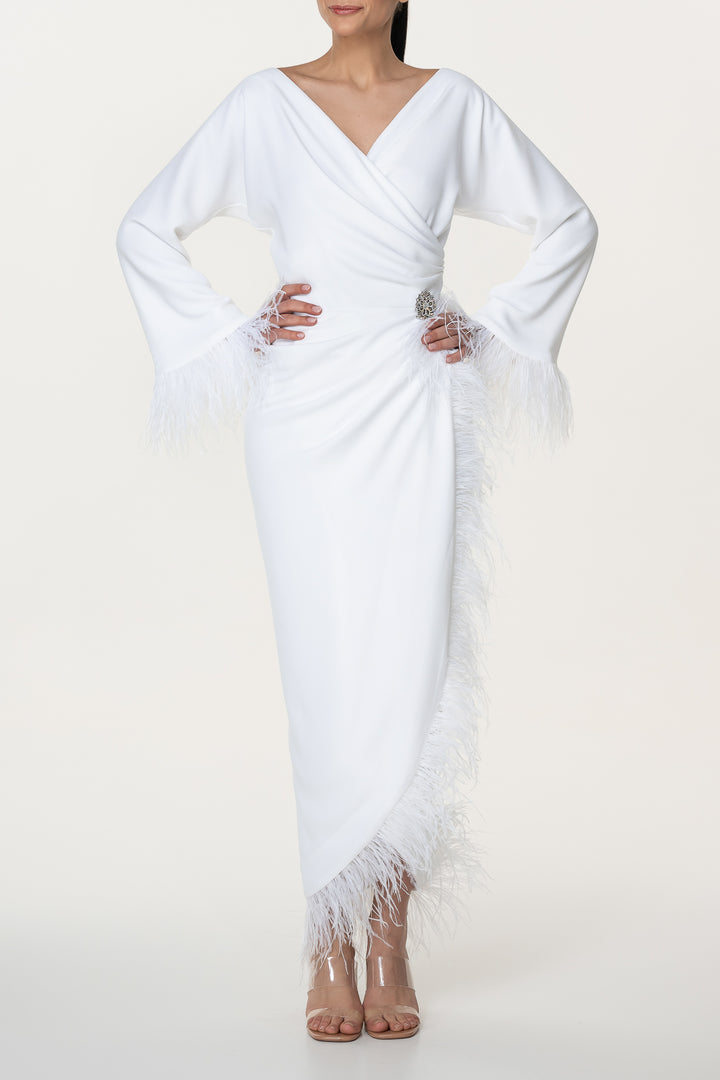 Mona Feathers-trimmed Crepe Ankle Length Dress In Ivory