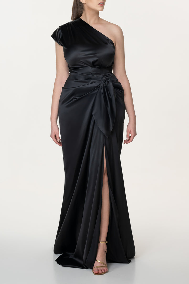 Elena Silk Satin Long Dress In Black