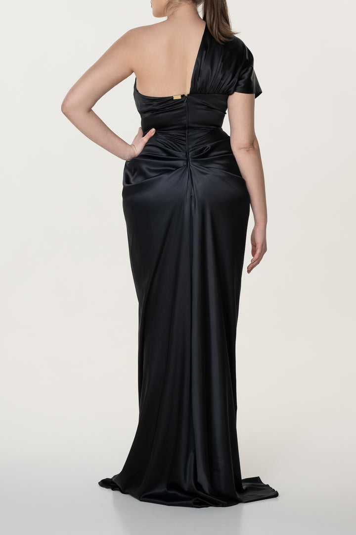 Elena Silk Satin Long Dress In Black