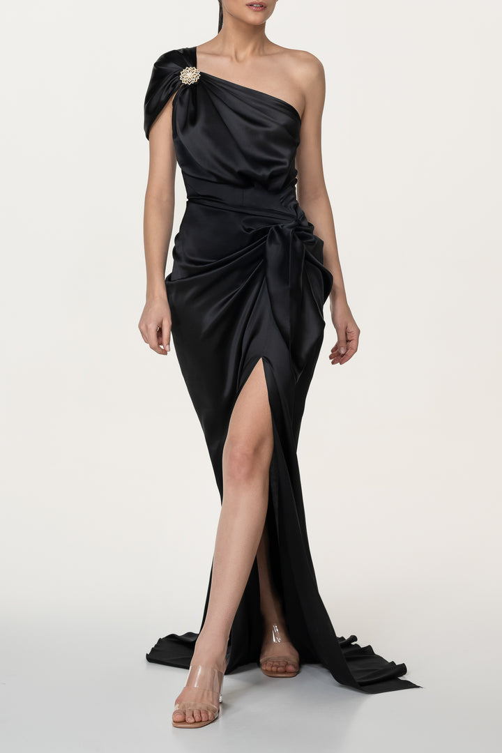 Elena Silk Satin Long Dress In Black
