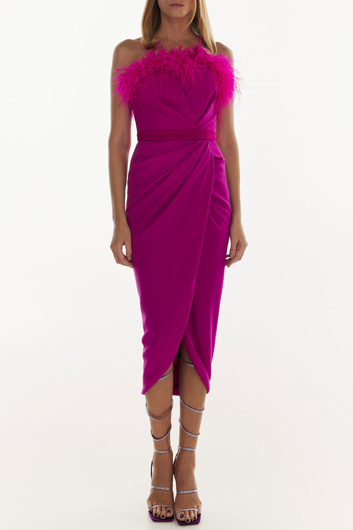 Raisa Feather-Trimmed Midi Crepe Dress In Hot-Pink