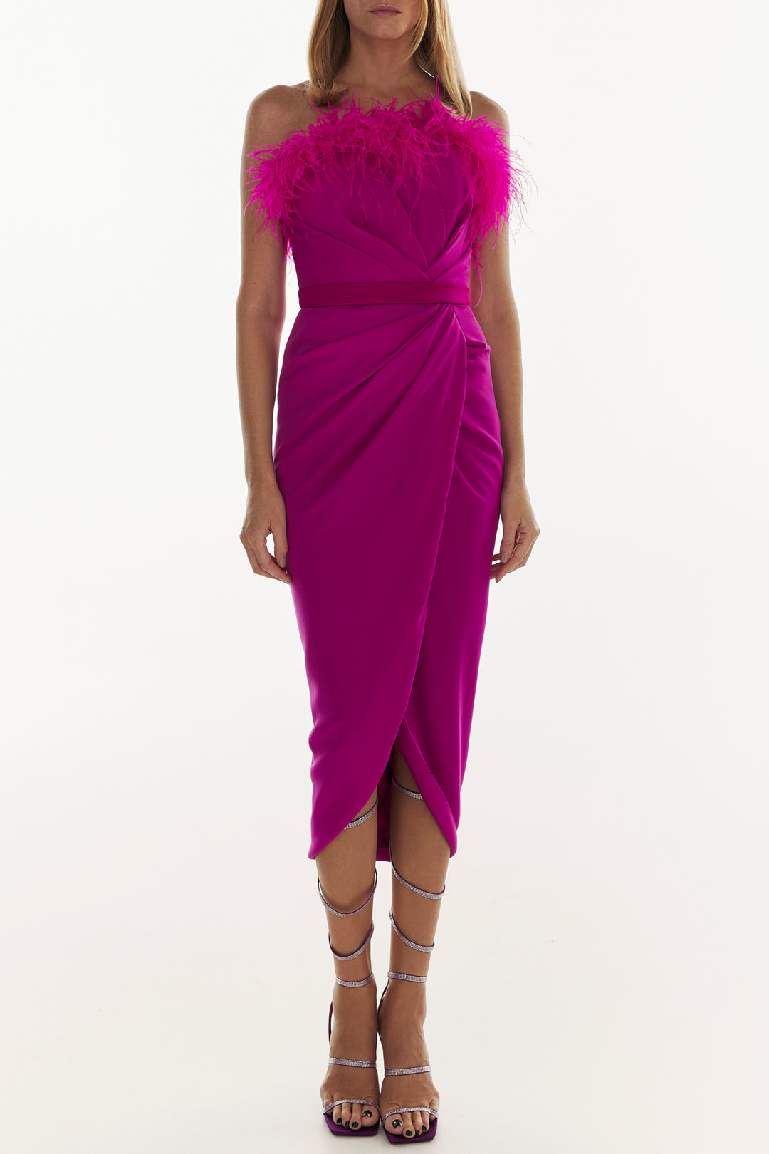 Raisa Feather-Trimmed Midi Crepe Dress In Hot-Pink