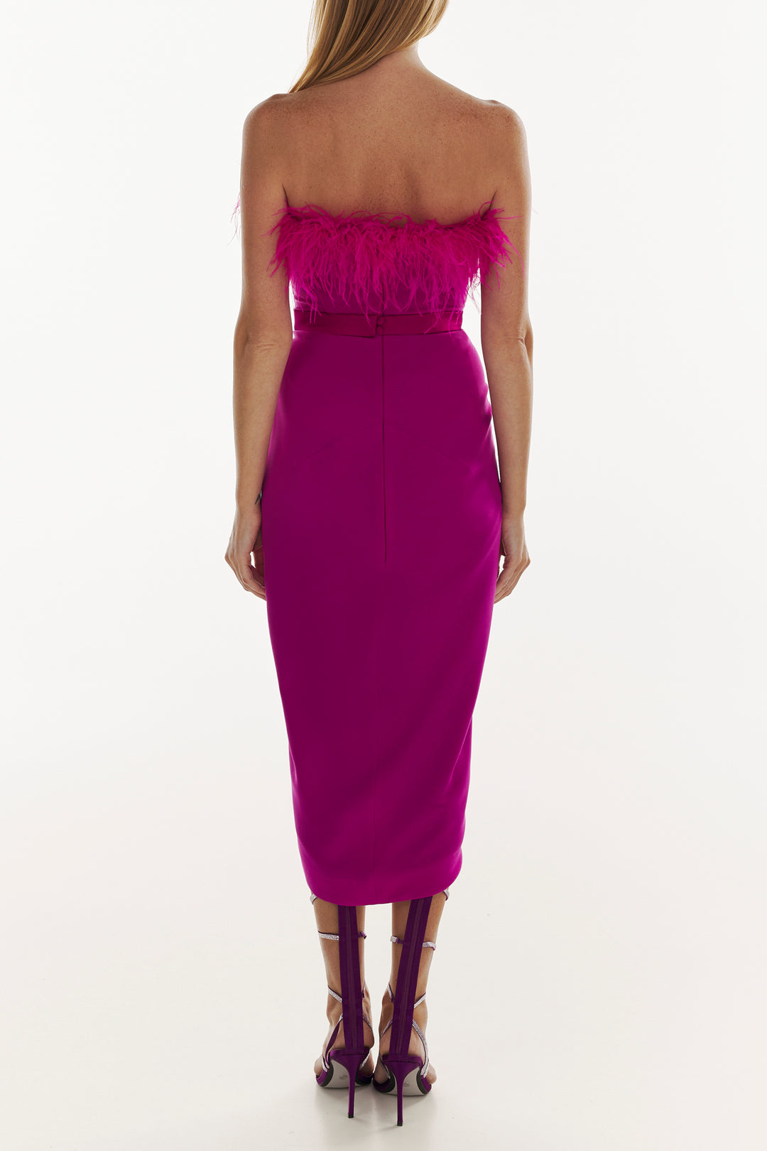 Raisa Feather-Trimmed Midi Crepe Dress In Hot-Pink