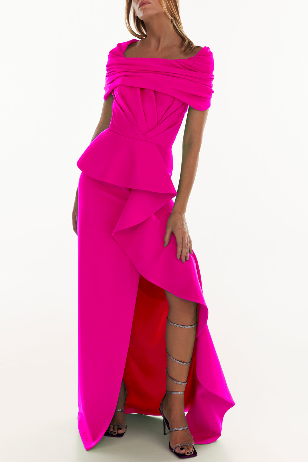 Shyla Crepe Long Dress In Hot-Pink