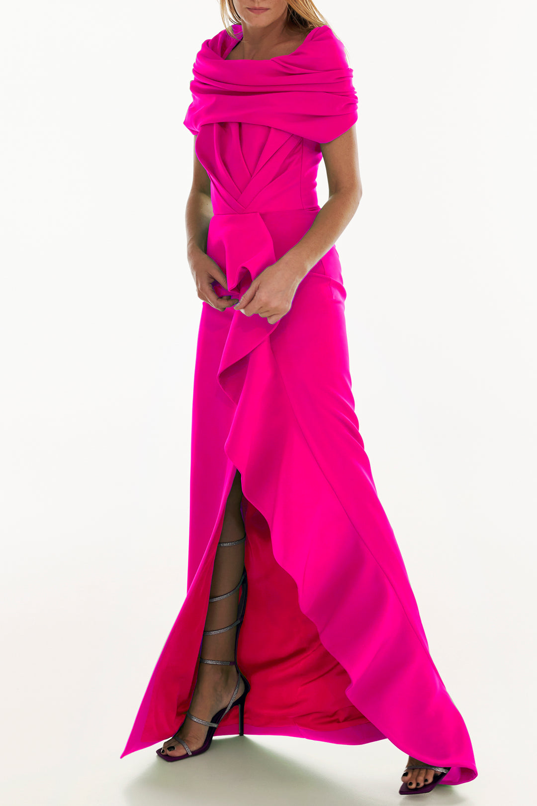 Shyla Crepe Long Dress In Hot-Pink