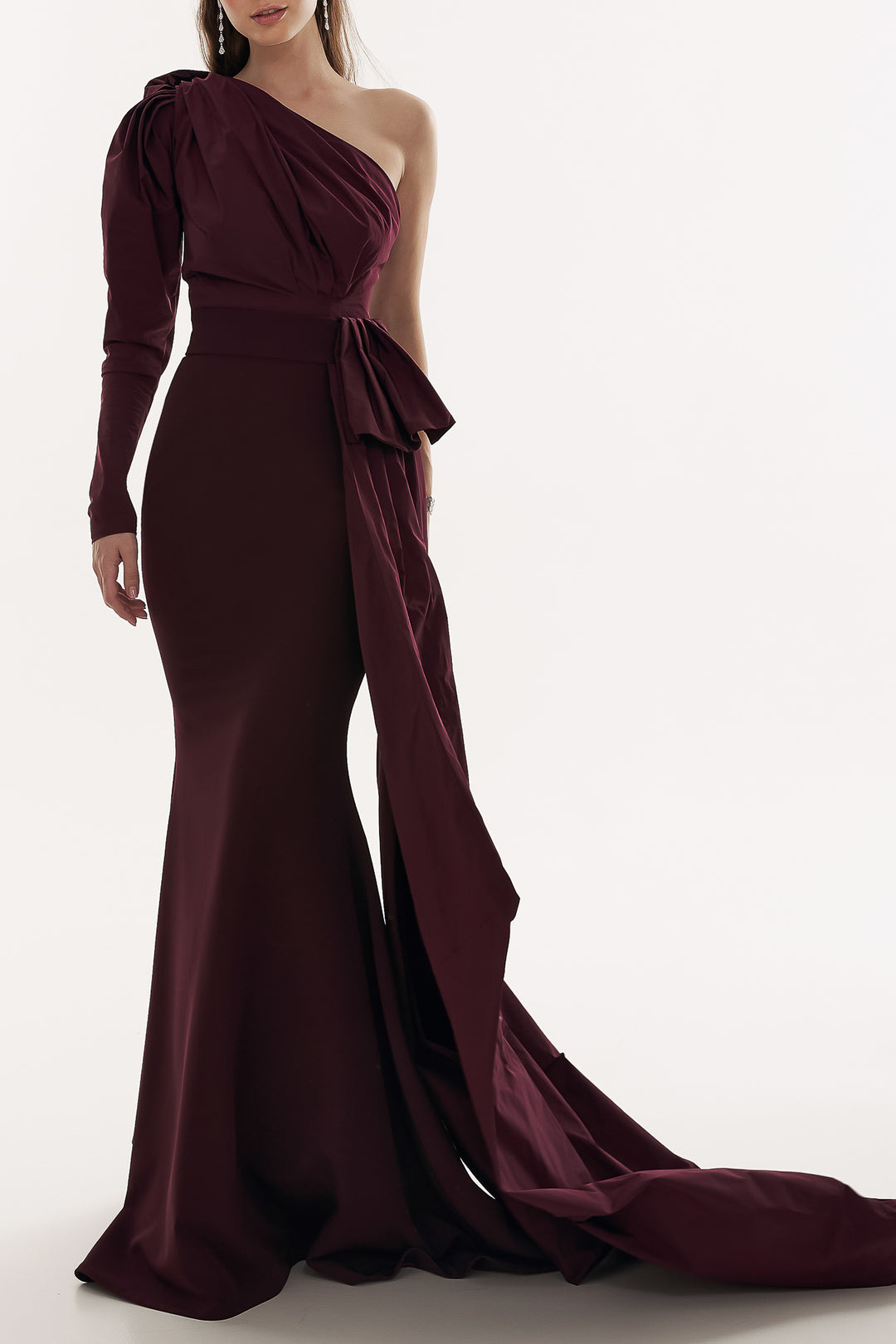 Thalia Crepe Taffeta Long Dress In Wine