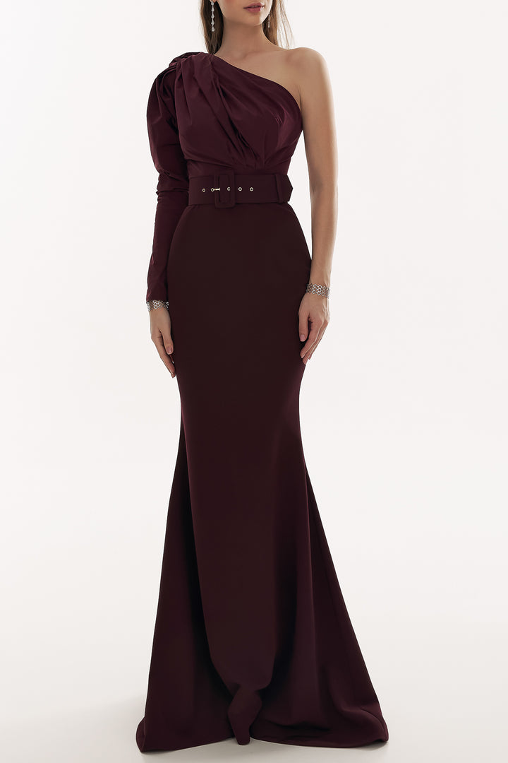 Thalia Crepe Taffeta Long Dress In Wine